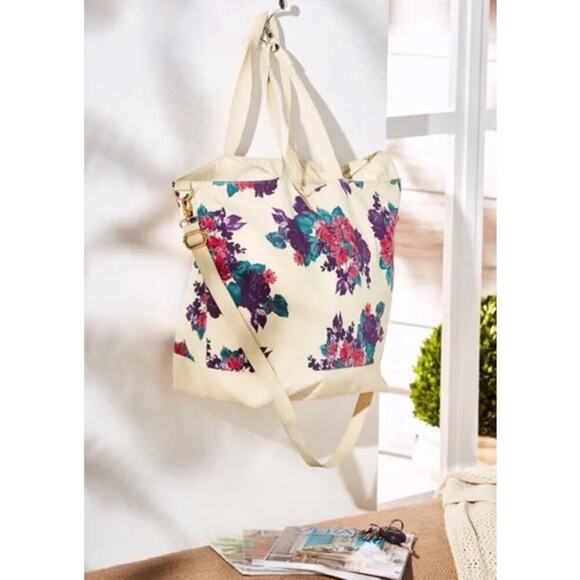 Soft Surroundings Dual Strap Canvas Bag Shoulder Strap Purple Floral Print NWOT - Picture 1 of 9